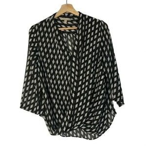 Banana Republic Black & Ecru White Diamond Print Surplice Blouse XS